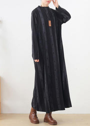 new casual base dress black prints ethnic style long dresses - SooLinen