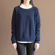 neues dunkelblaues einfarbiges Baumwollstrick-T-Shirt Vintage lose Fledermausärmel-Pulloveroberteile
