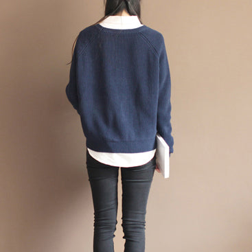 new dark blue solid color cotton knit t shirt vintage loose batwing sleeve sweater tops