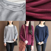 new dark blue solid color cotton knit t shirt vintage loose batwing sleeve sweater tops