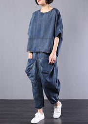 new denim blue cotton short sleeve o neck tops and big pockets pants two pieces - SooLinen