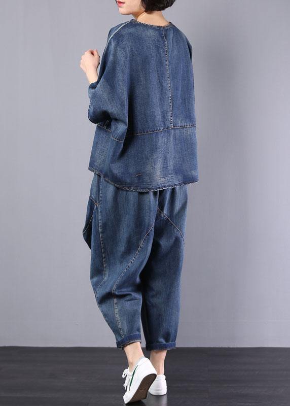 new denim blue cotton short sleeve o neck tops and big pockets pants two pieces - SooLinen
