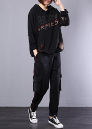 new fall black cotton sport suit women fashion loose hoode clothes - SooLinen