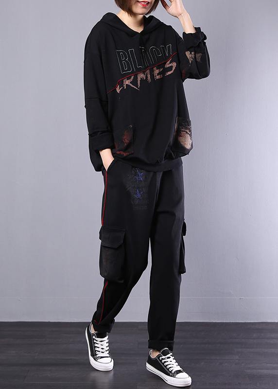 new fall black cotton sport suit women fashion loose hoode clothes - SooLinen
