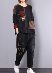 new fall cotton black patchwork blouse with casual harem pants - SooLinen