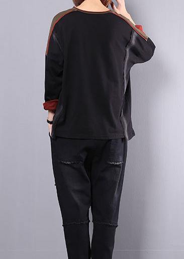 new fall cotton black patchwork blouse with casual harem pants - SooLinen