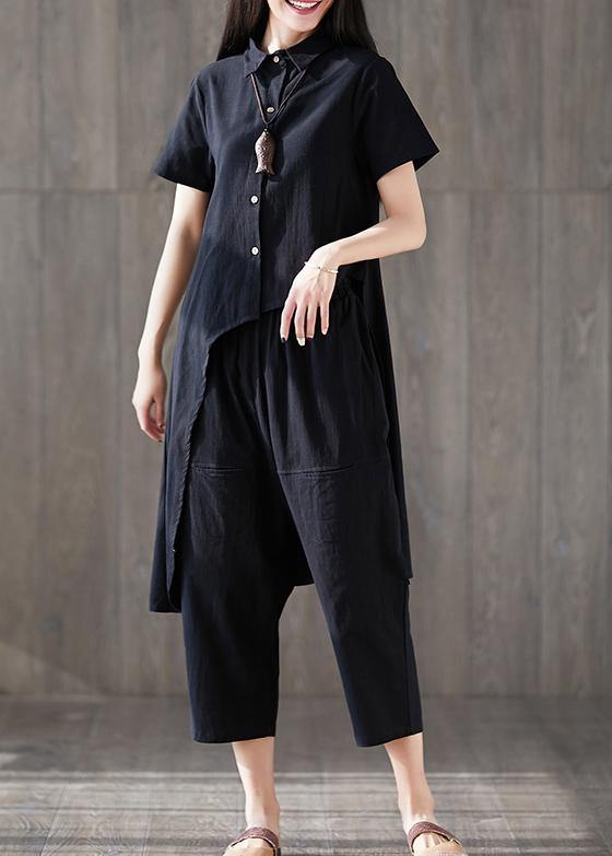 new fashion lapel asymmetric tops and harem pants black two pieces - SooLinen