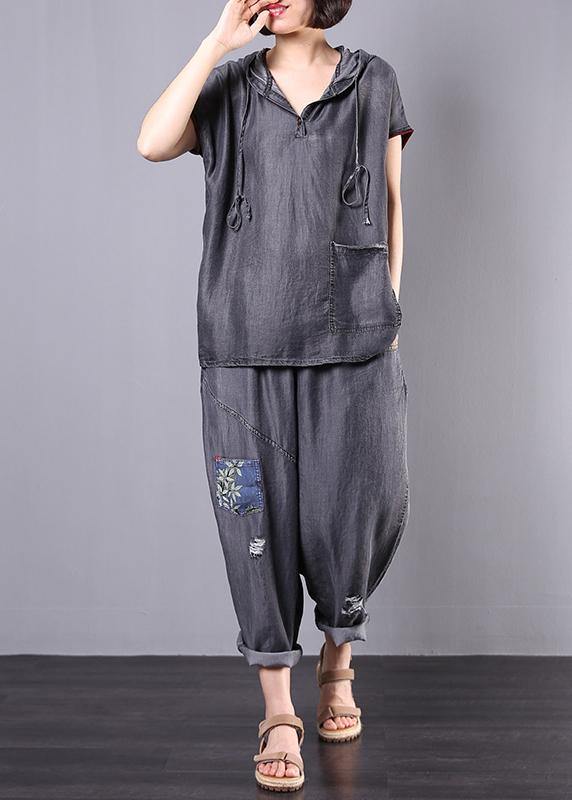 new gray casual vintage cotton two pieces hooded pullover and Appliques elastic waist  pants - SooLinen