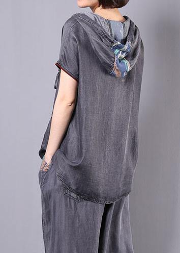 new gray casual vintage cotton two pieces hooded pullover and Appliques elastic waist  pants - SooLinen