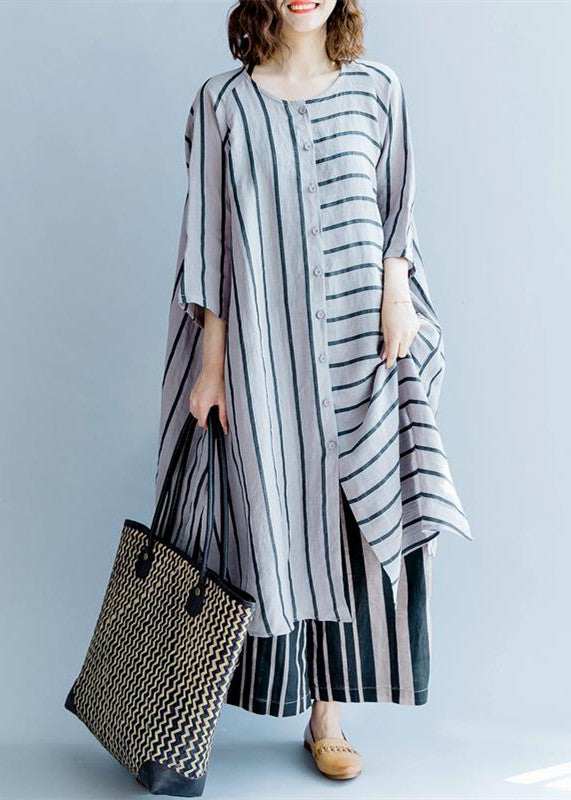 neue grau gestreifte Leinenkleider asymmetrisches Patchwork-Kleid mit O-Ausschnitt