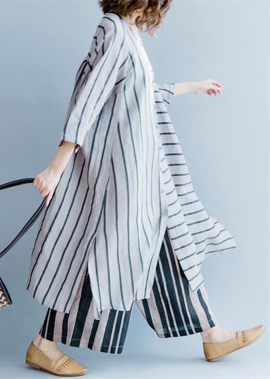 neue grau gestreifte Leinenkleider asymmetrisches Patchwork-Kleid mit O-Ausschnitt