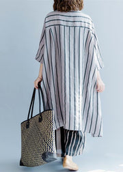 new gray striped linen dresses asymmetric patchwork o neck dress