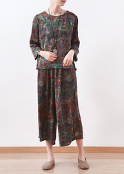 New Green Floral Chiffon Two Pieces O Neck Casual Tops With Women Loose Wide-leg Pants
