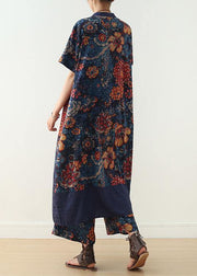 new loose blue retro print pattern v-neck silk cardigan and wide leg pants two-piece - SooLinen