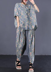 new loose small floral Cinched tops denim two pieces - SooLinen