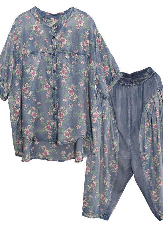 new loose small floral Cinched tops denim two pieces - SooLinen