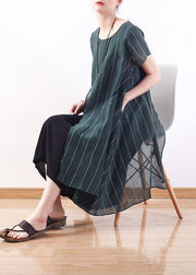 new original design green art  thin o neck fake two pieces of pinstripe dress - SooLinen