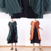 new original design green art  thin o neck fake two pieces of pinstripe dress - SooLinen