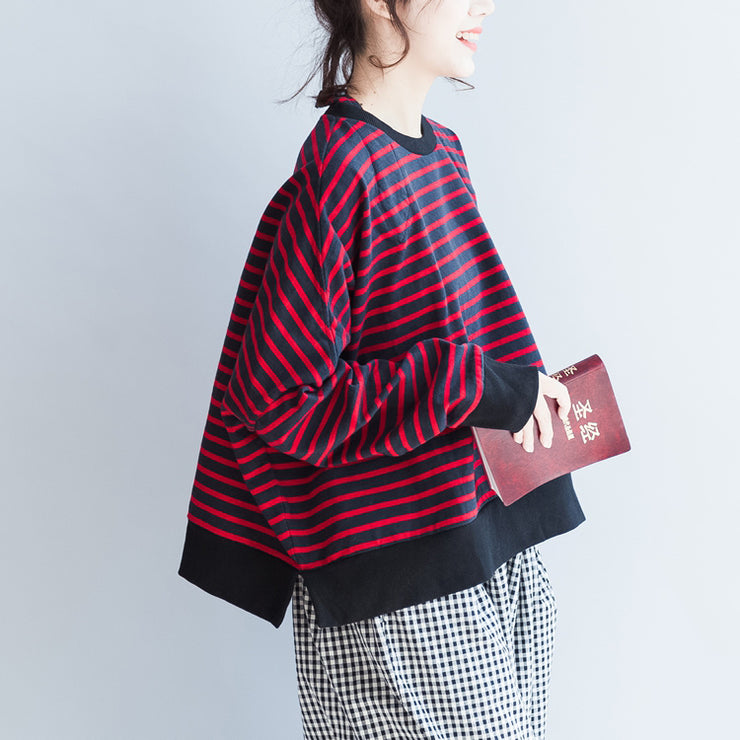 new red black striped cotton t shirt oversize batwing sleeve side open pullover