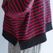 new red black striped cotton t shirt oversize batwing sleeve side open pullover
