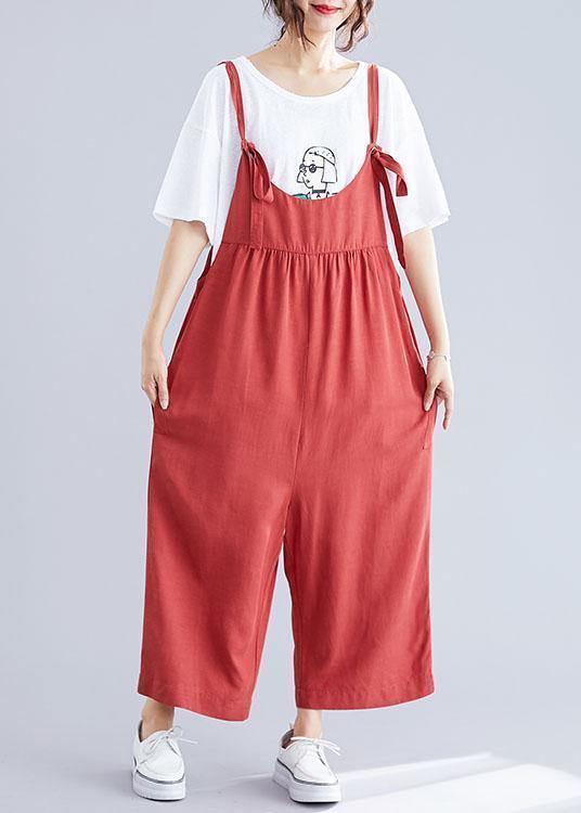 new red casual wide leg pants loose thin fashion straps jumpsuit - SooLinen