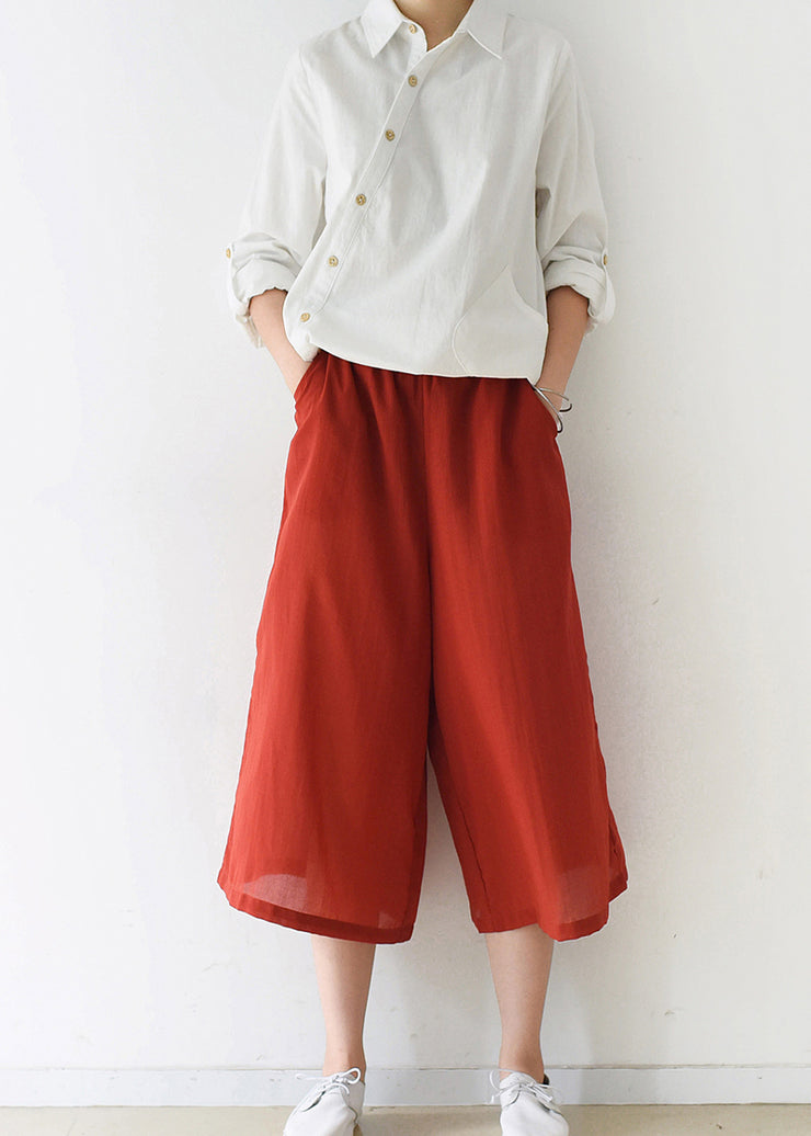 new red cotton wide leg pants plus size elastic waist pants