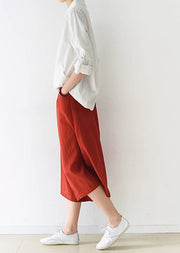 new red cotton wide leg pants plus size elastic waist pants
