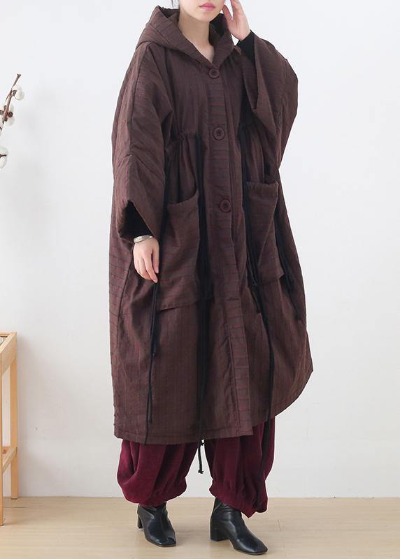 new ribbon big pocket hooded cotton coat long thick padded overcoat - SooLinen