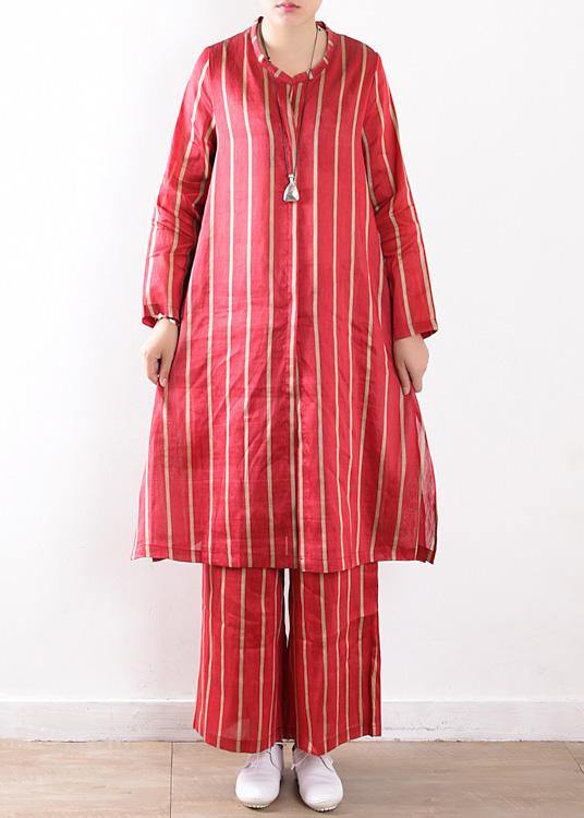 new striped red silk linen long shirt and elastic waist pants - SooLinen