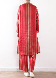 new striped red silk linen long shirt and elastic waist pants - SooLinen