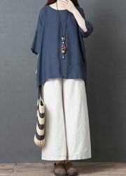 new summer navy o neck cotton tops and white wide leg pants - SooLinen