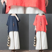 new summer navy o neck cotton tops and white wide leg pants - SooLinen