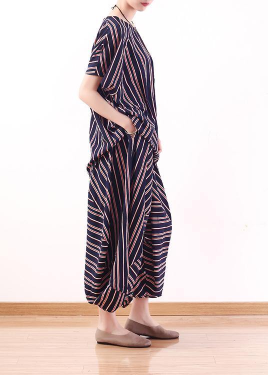 new summer stylish red blue striped batwing sleeve tops and casual lantern pants - SooLinen