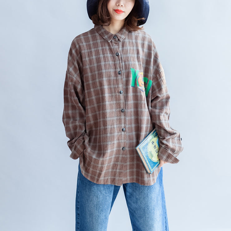 new unique khaki grid cotton tops plus size long sleeve  prints shirts