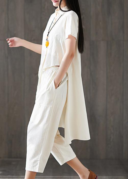 new white asymmetric tops and elastic waist harem pants fshion two pieces - SooLinen