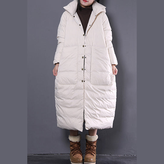 neuer weißer Winter-Oversize-Daunenmantel mit Kapuze, feiner Trench-Daunenmantel mit großen Taschen