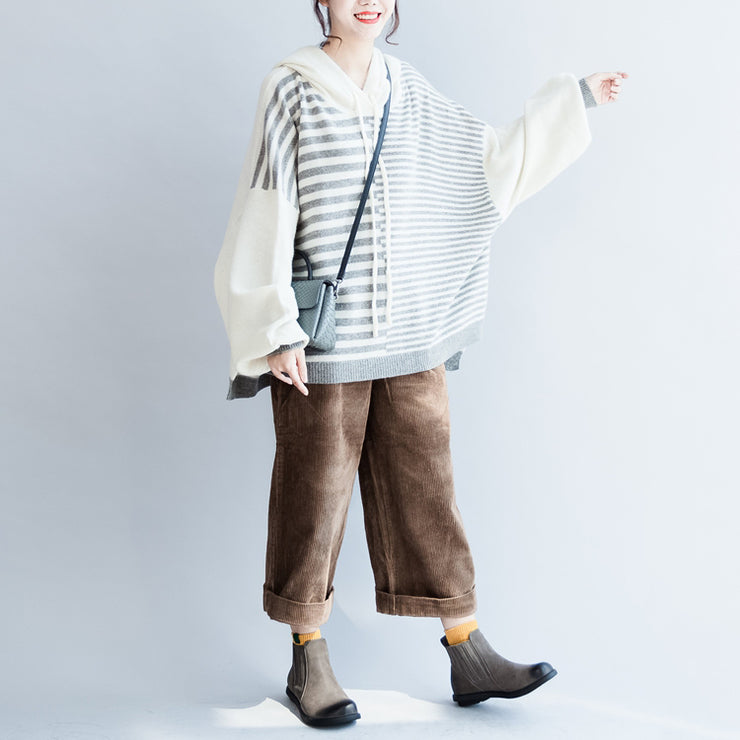 new winter striped patchwork woolen sweater hooded plus size casual long sleeve knit tops