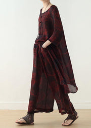 new women chiffon two pieces red prints o neck vintage tops and wide leg pants - SooLinen