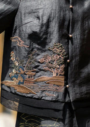 original design Black Stand Collar Embroidered Patchwork Silk Top Half Sleeve