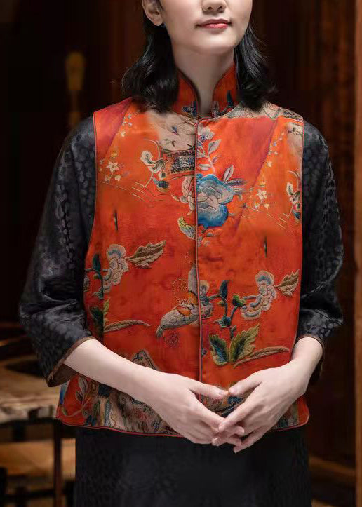 original design Red Stand Collar Embroidered Silk Chinese Style Vest Sleeveless