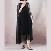Original entworfenes schwarzes Sommerkleid V-Ausschnitt, langärmliges Kleid, Baggy-Kleider, Sommerkleid