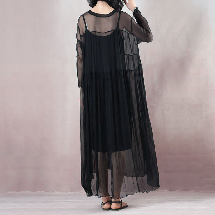 Original entworfenes schwarzes Sommerkleid V-Ausschnitt, langärmliges Kleid, Baggy-Kleider, Sommerkleid