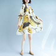 Original entworfenes Chiffon-Print-Sommerkleid mit V-Ausschnitt und halben Ärmeln, Patchwork-Baggy-Kleider