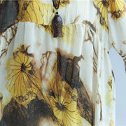 Original entworfenes Chiffon-Print-Sommerkleid mit V-Ausschnitt und halben Ärmeln, Patchwork-Baggy-Kleider