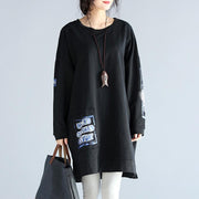 übergroßes, lässiges Herbstkleid aus schwarzer Baumwolle mit lockeren Drucken und langen Ärmeln