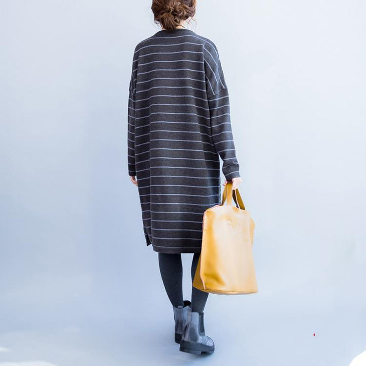 oversize gray striped knit dresses plus size women long sleeve sweater dress side open