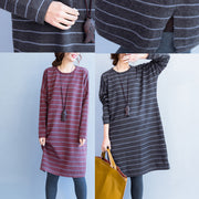 oversize gray striped knit dresses plus size women long sleeve sweater dress side open