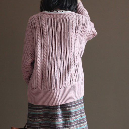rosafarbener Vintage-Baumwollpullover, lose, lässige, grob gestrickte Strickjacken aus Spitze
