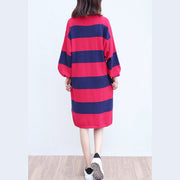 plus size casual woolen knit dresses red blue striped patchwork oversize ling sleeve sweater dress