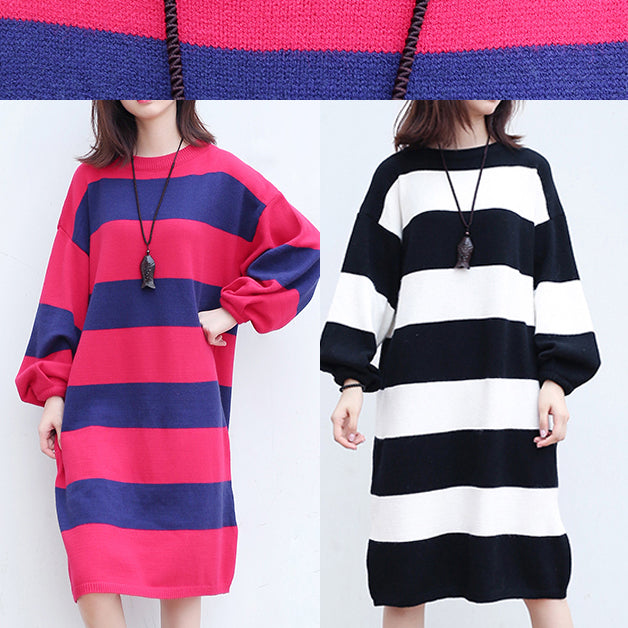 plus size casual woolen knit dresses red blue striped patchwork oversize ling sleeve sweater dress